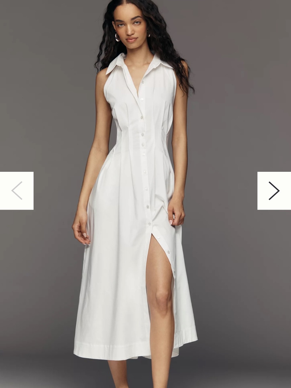 Sleeveless White Button-Front Midi Dress
